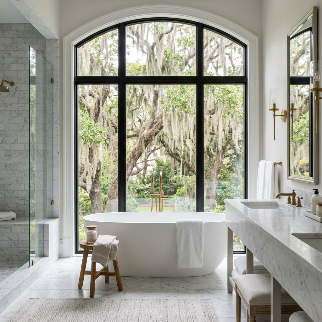 Luxury master bath with marble finishes and oak tree view