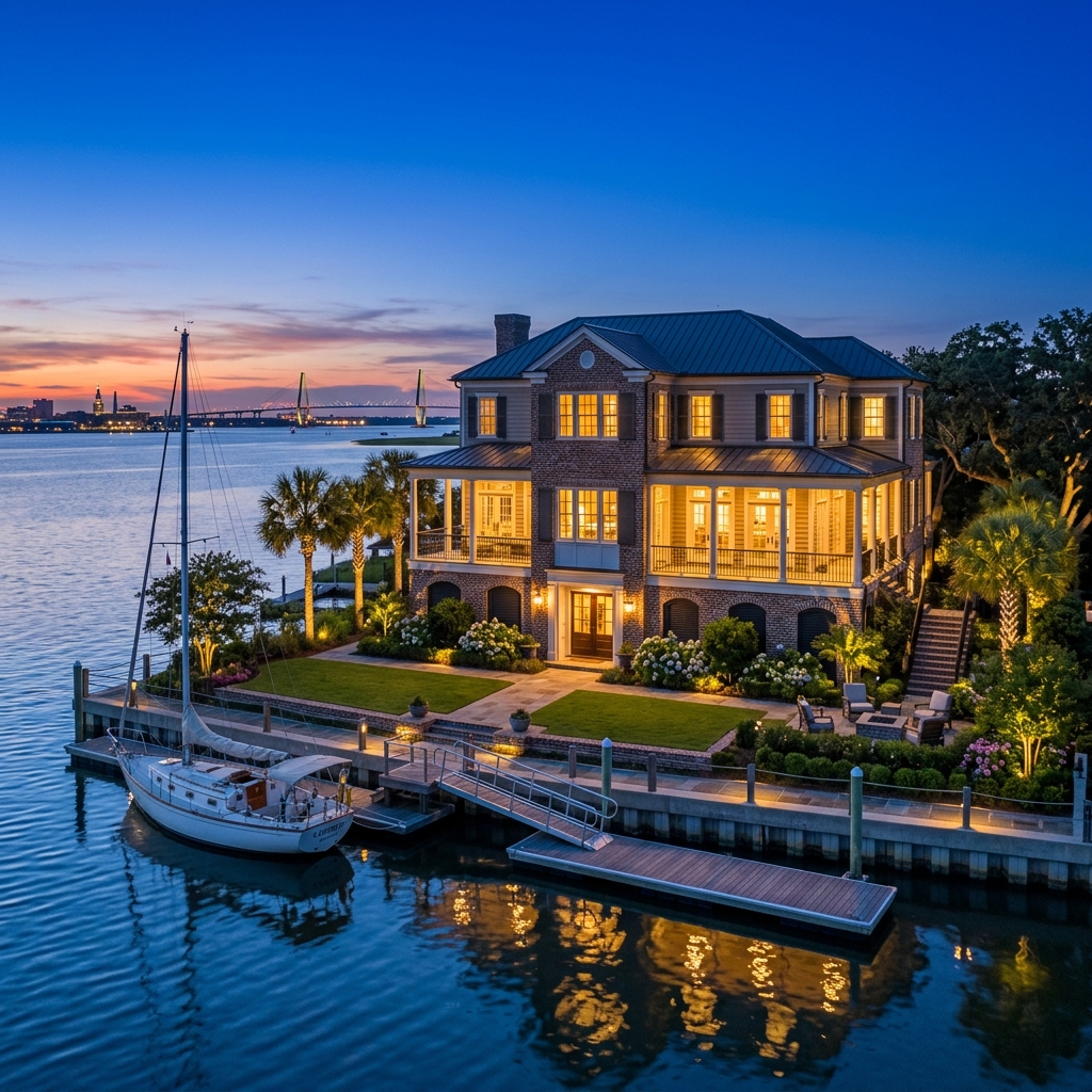 Sunset waterfront estate exterior photography in Charleston SC