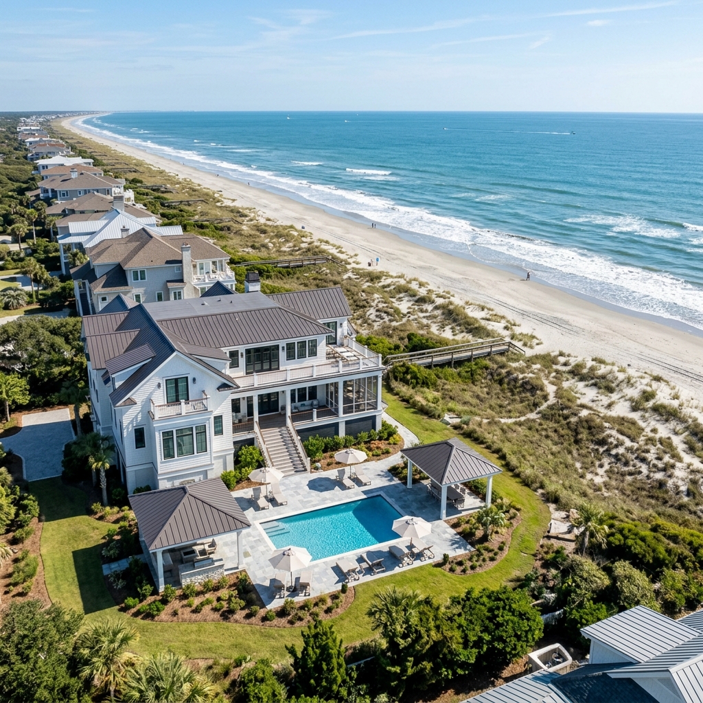 Aerial drone view of a beach house in Isle of Palms