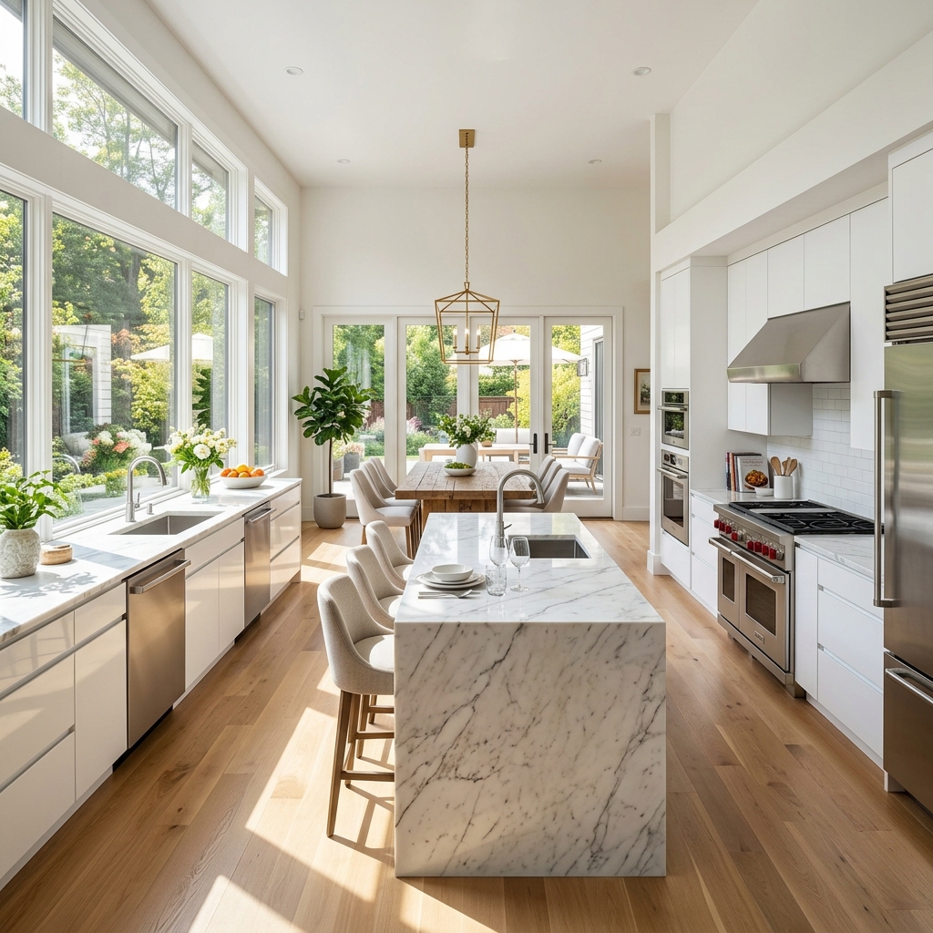 Luxury modern kitchen interior with marble countertops