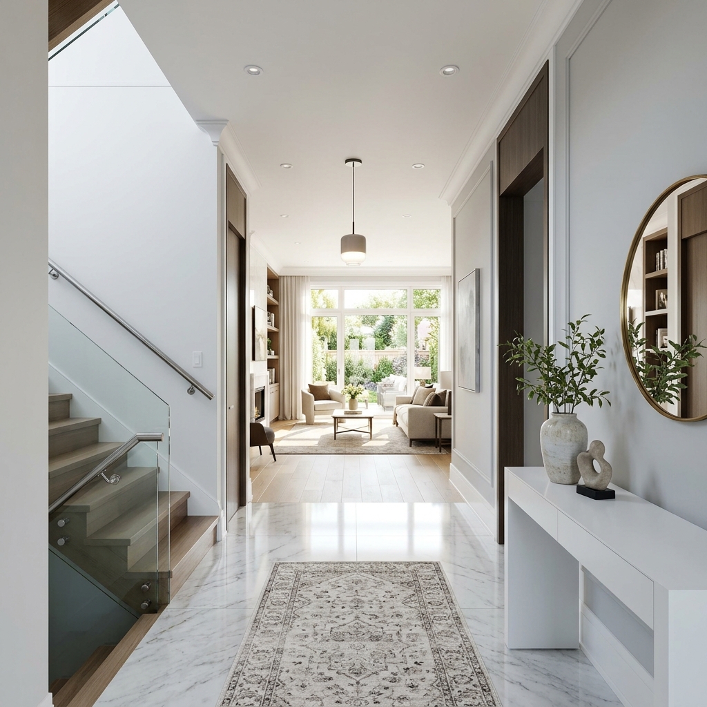 Clean contemporary foyer scan view virtual tour representation